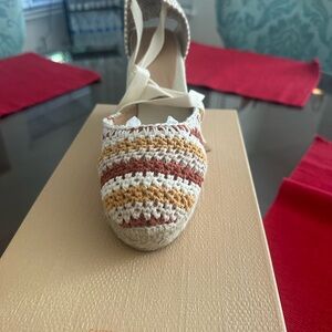 Castaner Woven Espadrille Wedge in Cream, Rust & Mustard